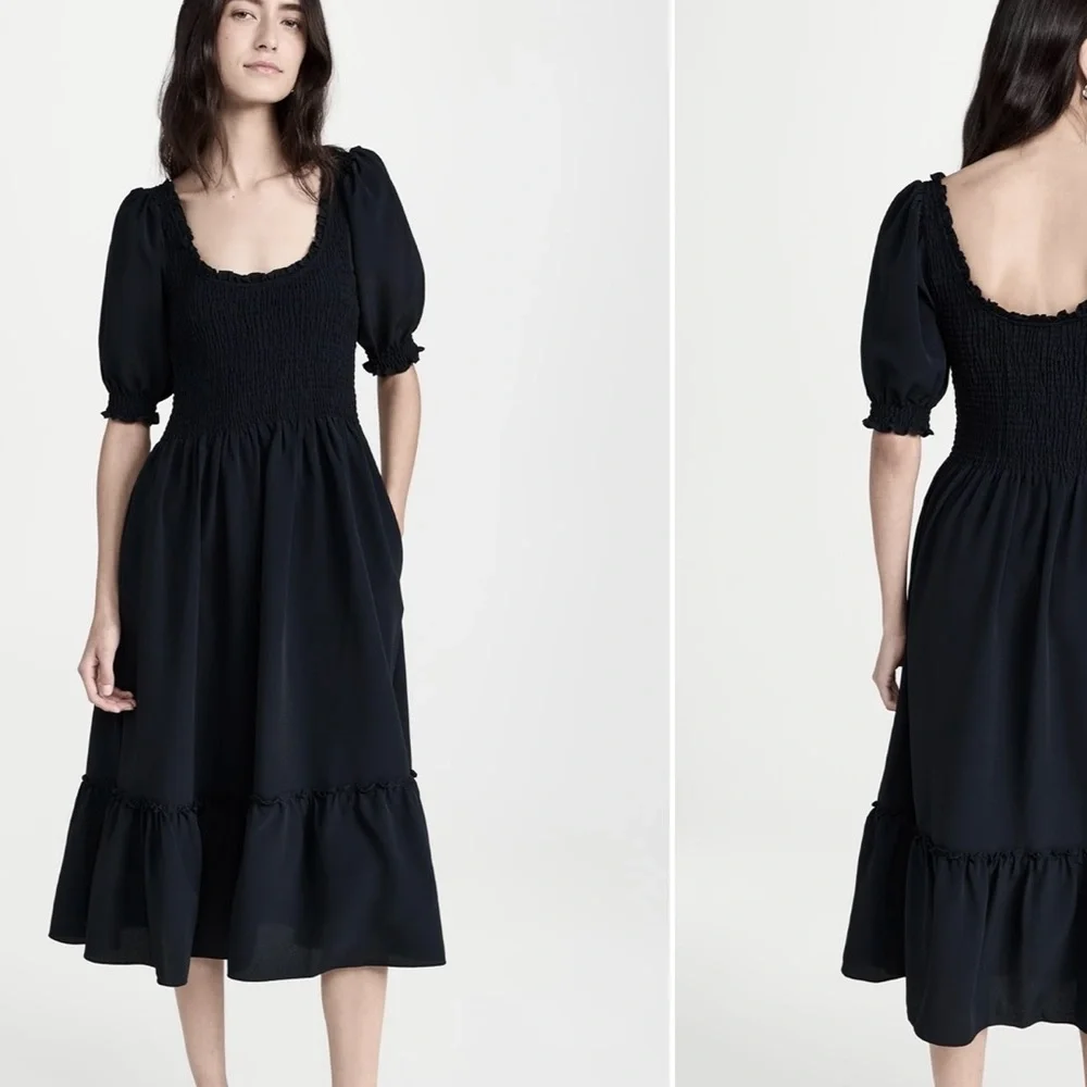 Black Smocked Midi Dress with Puff Sleeves - Picture 2 of 10